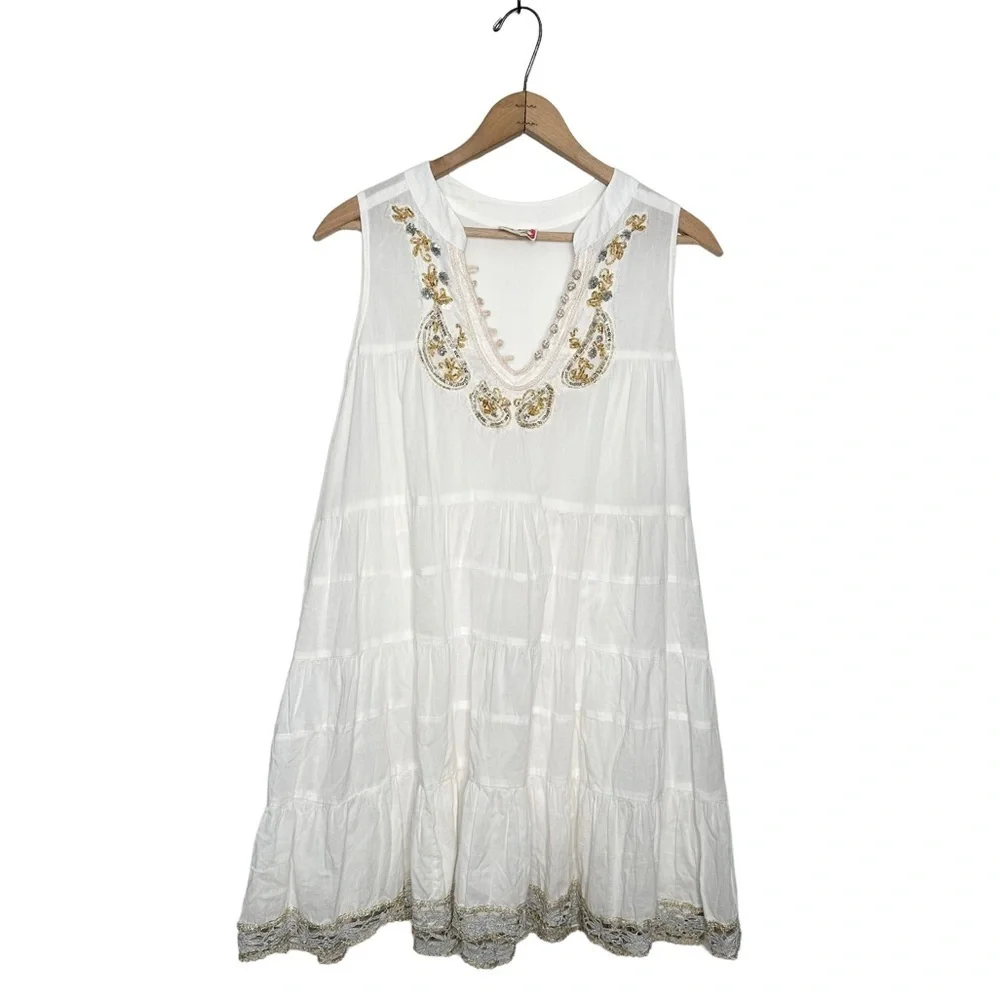 Free People | White Embellished Ruffle Tiered Tunic